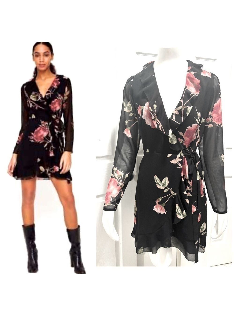 Aritzia Wilfred Louise Black Floral Wrap
Front Dress Sheer Ruffled Size Small
